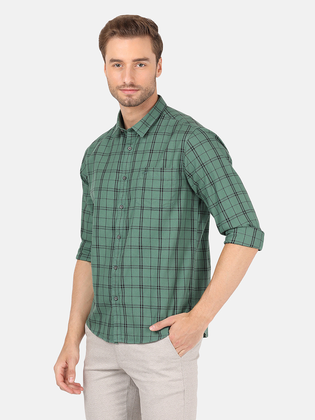 Crocodile Men's Casual Full Sleeve Comfort Fit Checks Green With Collar Shirt Online