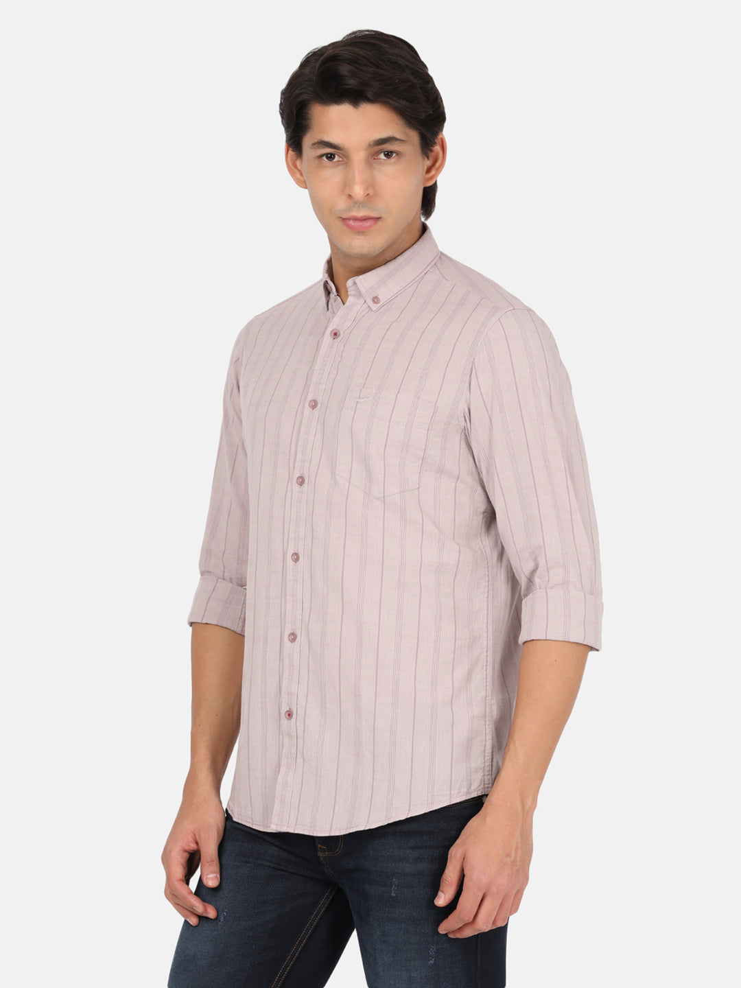 Crocodile Casual Full Sleeve Comfort Fit Stripes Purple with Collar Shirt for Men