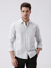 Men's Pure Cotton Striped Green Shirt With Textured Fabric For A Fresh Summer Look