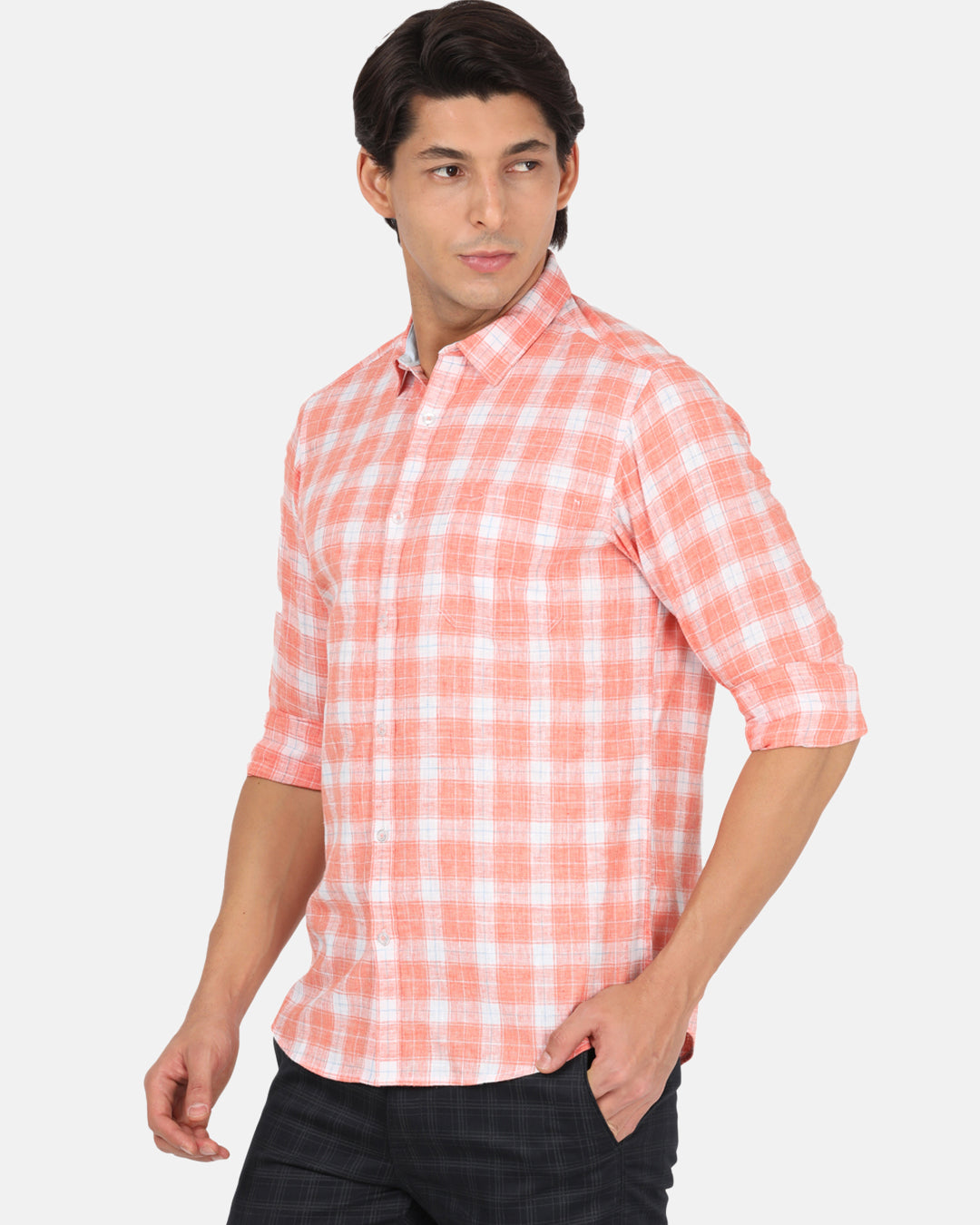 Crocodile Men's Casual Full Sleeve Comfort Fit Checks Light Orange with Collar Shirt