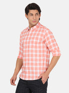 Crocodile Men's Casual Full Sleeve Comfort Fit Checks Light Orange with Collar Shirt