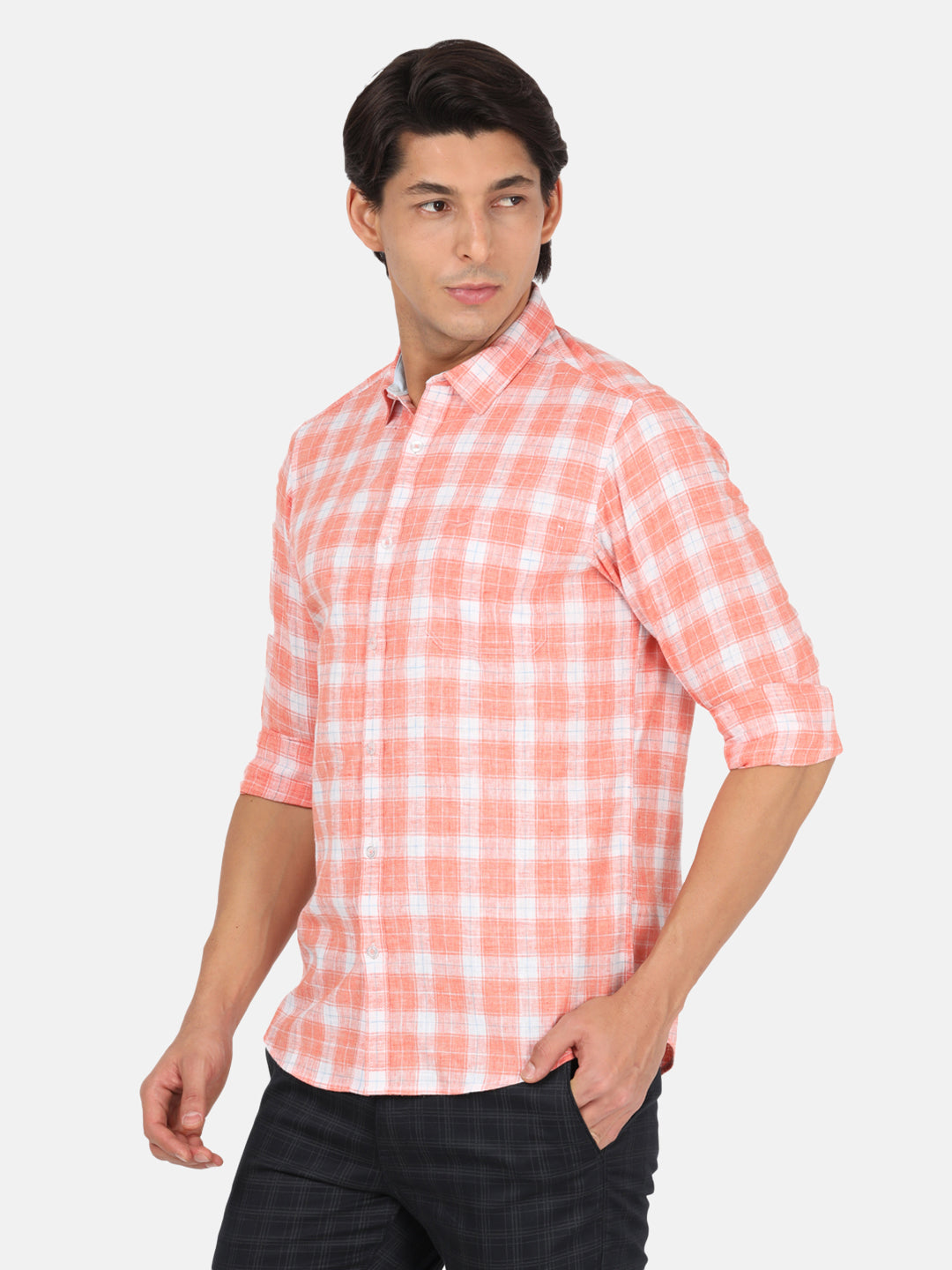 Casual Full Sleeve Comfort Fit Checks Light Orange with Collar Shirt for Men