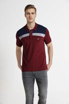 Man wearing a red and navy polo shirt with a white stripe on a white background