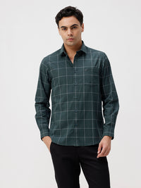 Men's Pure Cotton Window Pane Checks Green Shirt With Textured Fabric For Everyday Wear