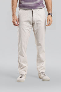 Light Beige Slim Fit Chambray Trousers With Stitch Detailings