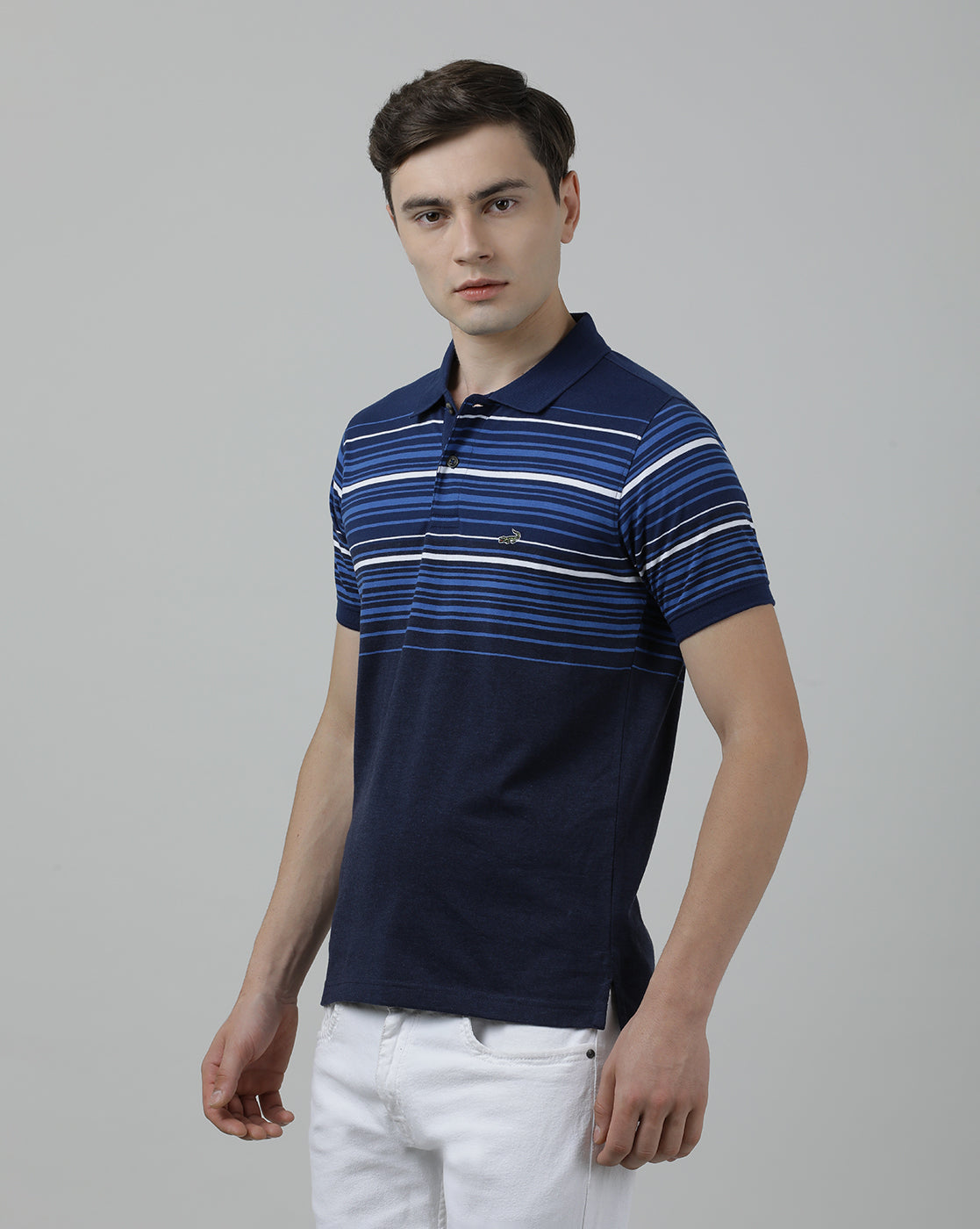 Casual Blue T-Shirt Half Sleeve Slim Fit Jersey Engineering Stripe with Collar for Men