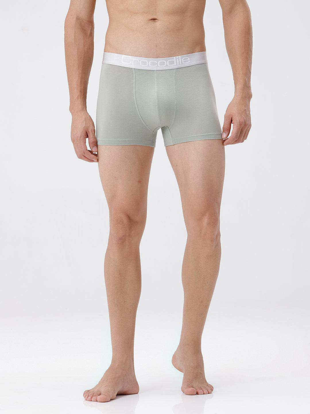 Man wearing light gray boxer briefs with a white waistband on a white background