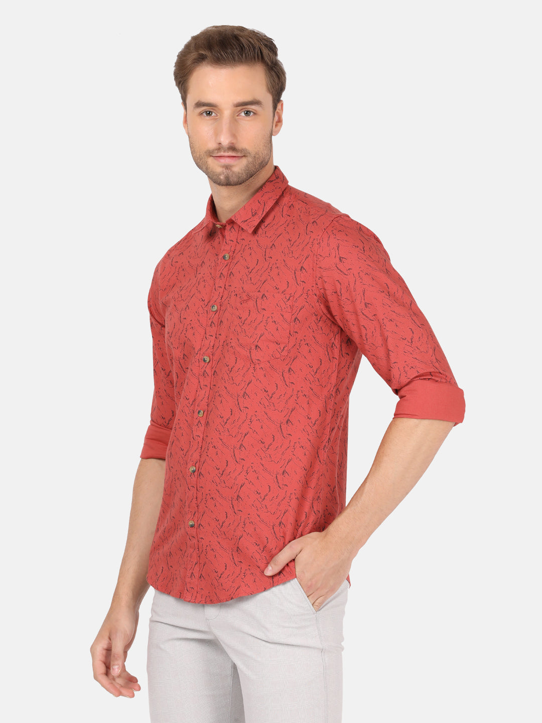 Crocodile Men's Casual Full Sleeve Slim Fit Printed Red with Collar Shirt