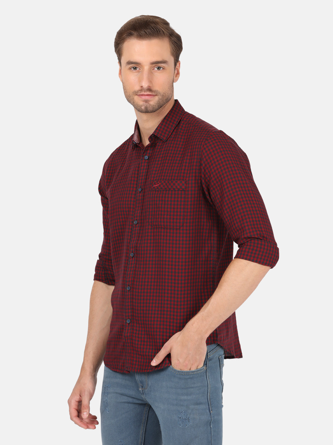 Crocodile Men's Casual Full Sleeve Comfort Fit Checks Maroon with Collar Shirt