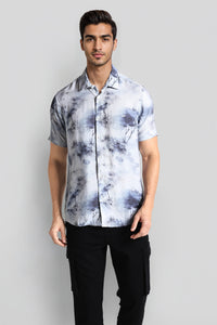 Blue Abstract Viscose-Blend Half Sleeves Spread Collar Shirt