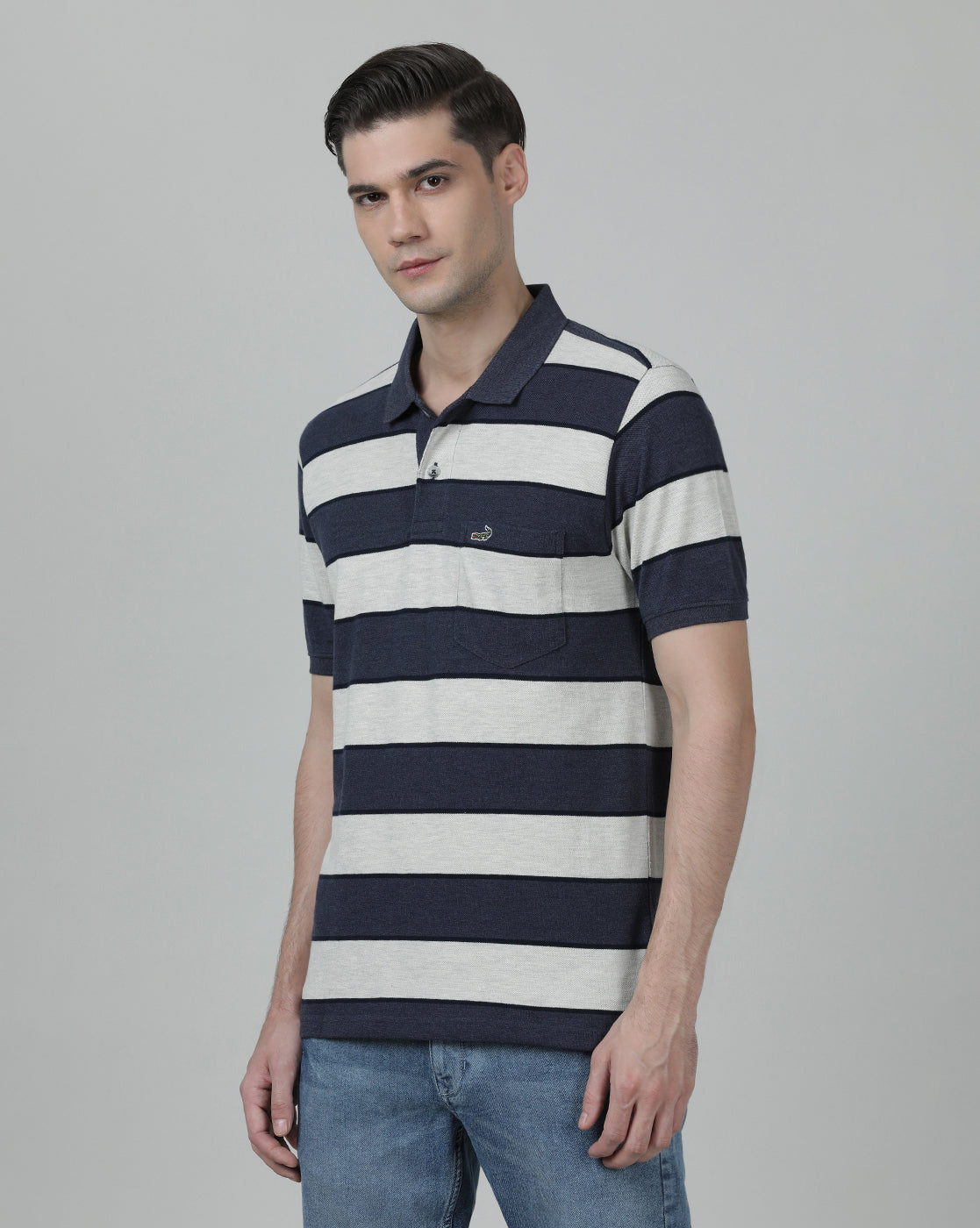 Casual Stripes Slim Fit Half Sleeve Navy Polo T-shirt with Collar