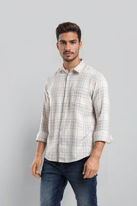Off White Pure Cotton Textured Checks Shirt With Full Sleeves