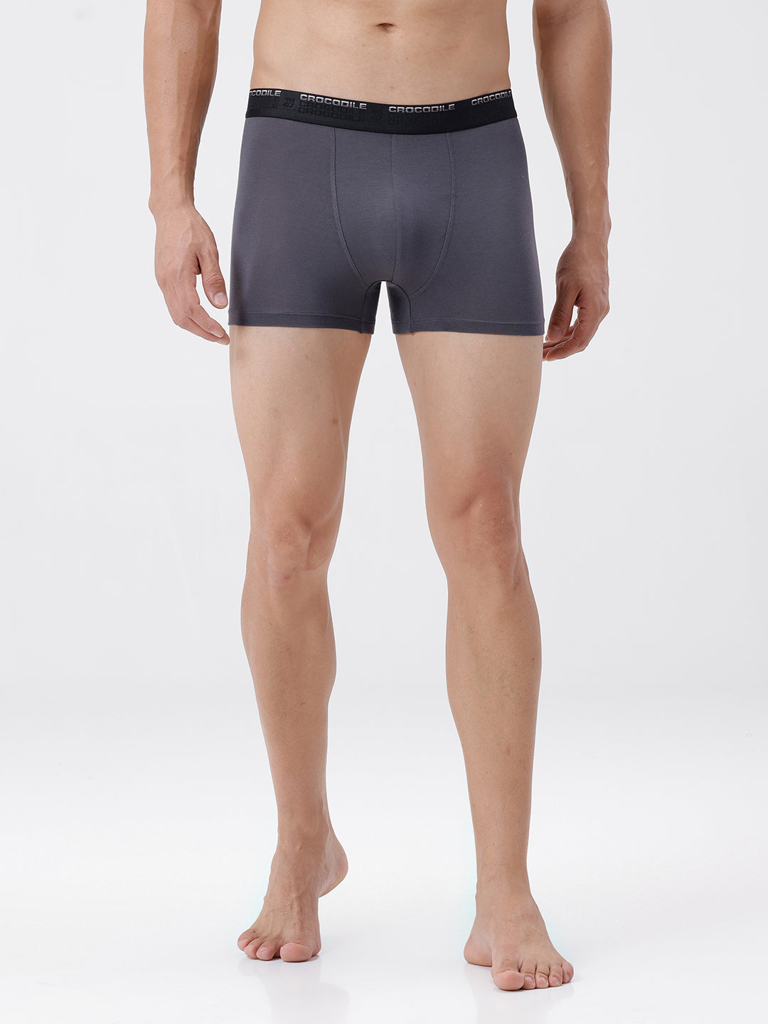 Person wearing gray boxer briefs with a brand logo on a white background
