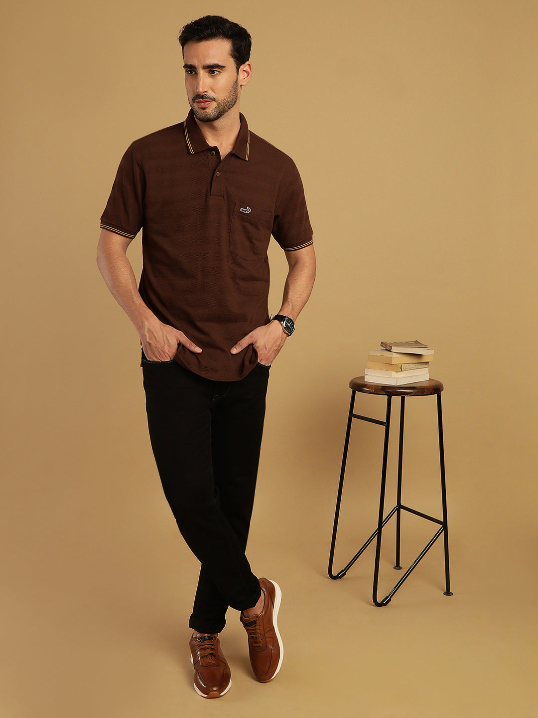 Honey Comb Textured Stripe Polo Java T-Shirt