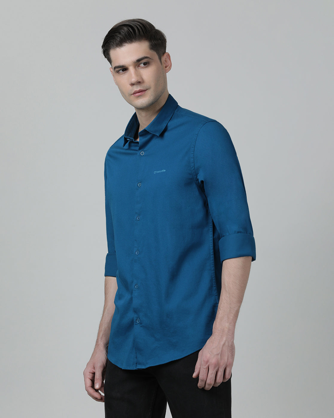 Casual Solid Slim Fit Full Sleeve Racer Blue Shirt with Collar