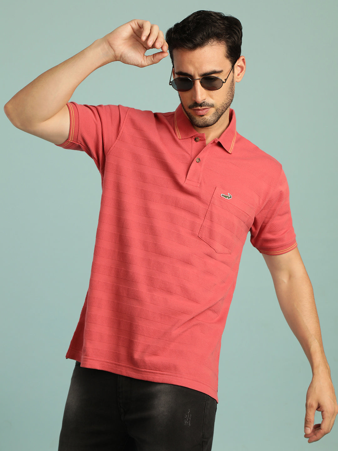 Honey Comb Textured Stripe Polo Mineral Red T-Shirt
