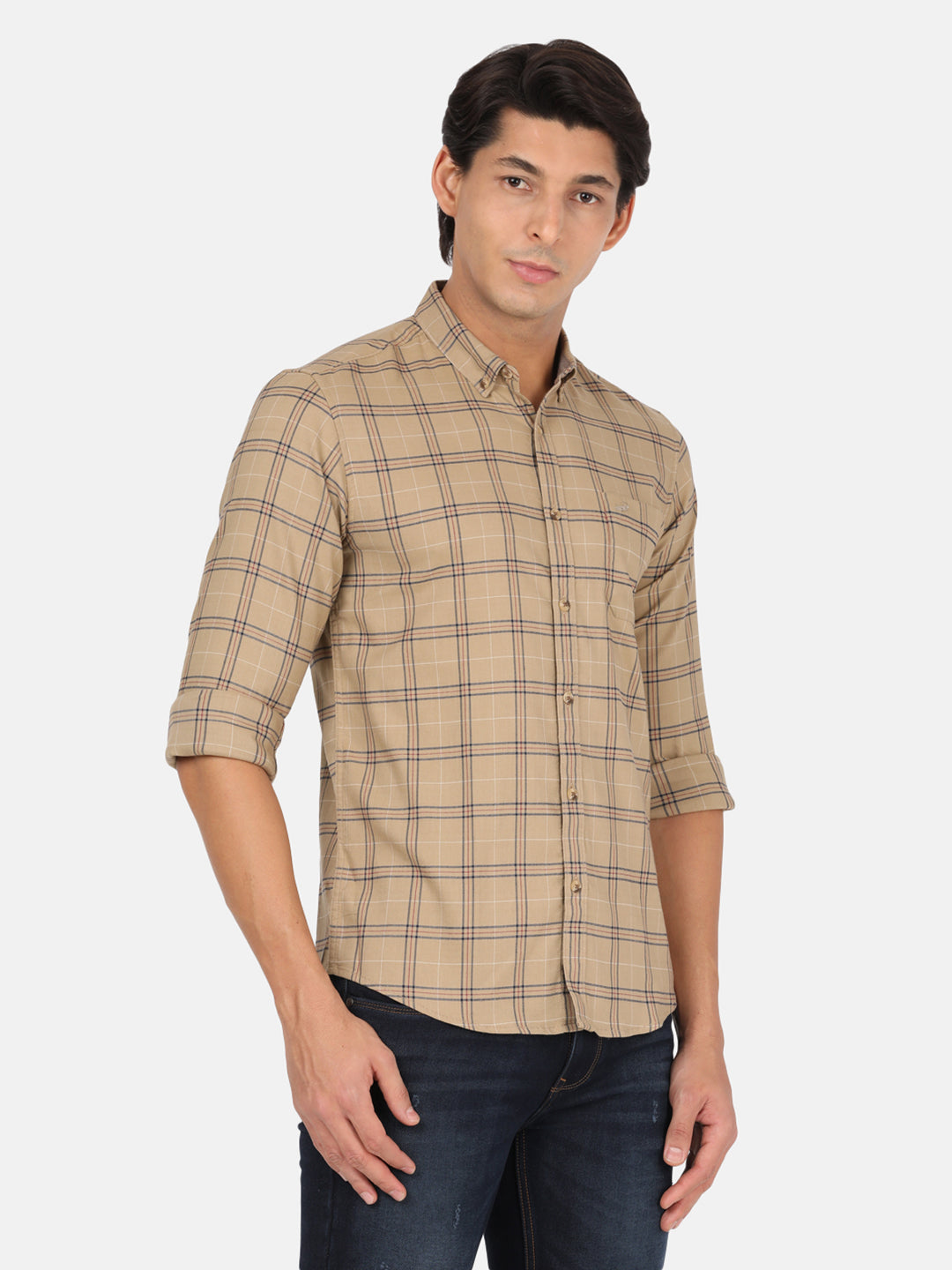 Casual Full Sleeve Slim Fit Checks Khaki with Collar Shirt for Men