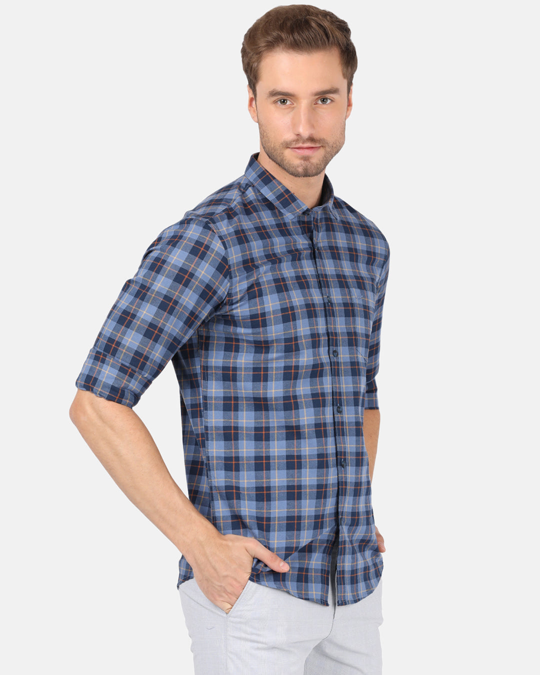 Crocodile Casual Full Sleeve Slim Fit Checks Navy with Collar Shirt for Men