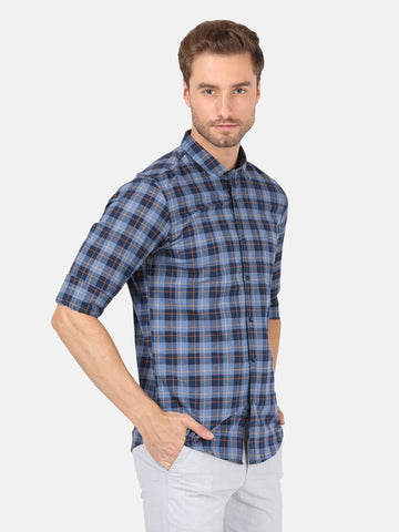 Casual Full Sleeve Slim Fit Checks Navy with Collar Shirt for Men