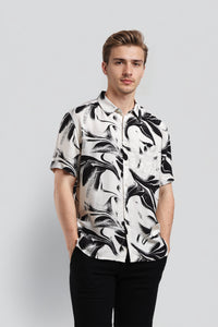 Cream/Black Relaxed Fit Abstract Print Shirt With Half Sleeves
