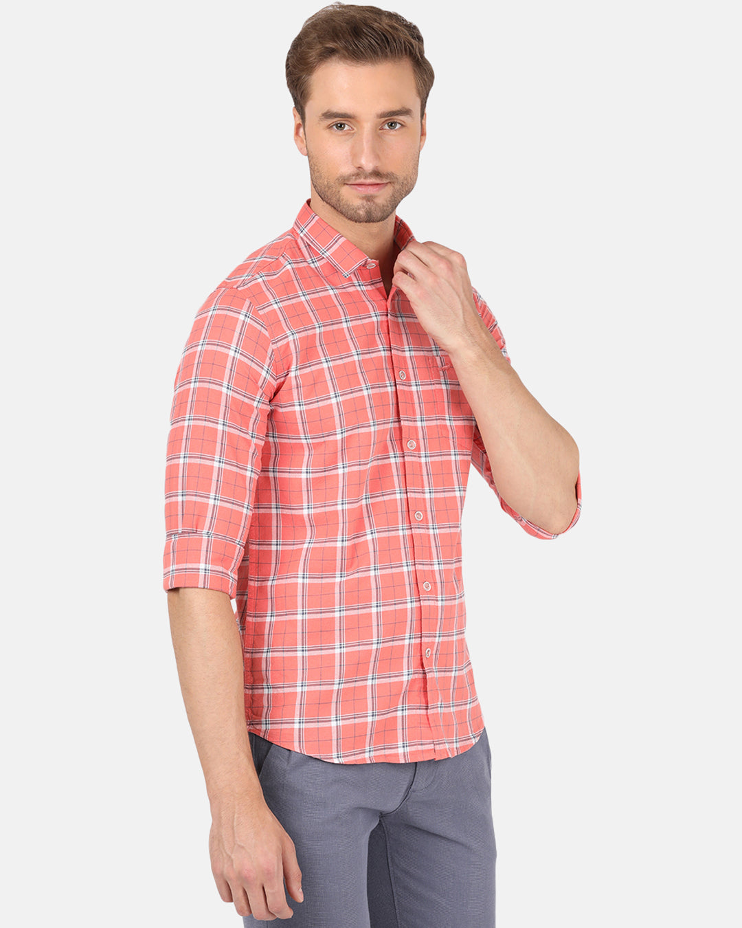 Crocodile Men's Casual Full Sleeve Slim Fit Checks Pink With Collar Shirt Online