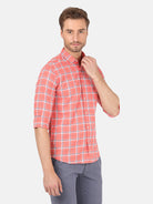 Crocodile Men's Casual Full Sleeve Slim Fit Checks Pink With Collar Shirt Online