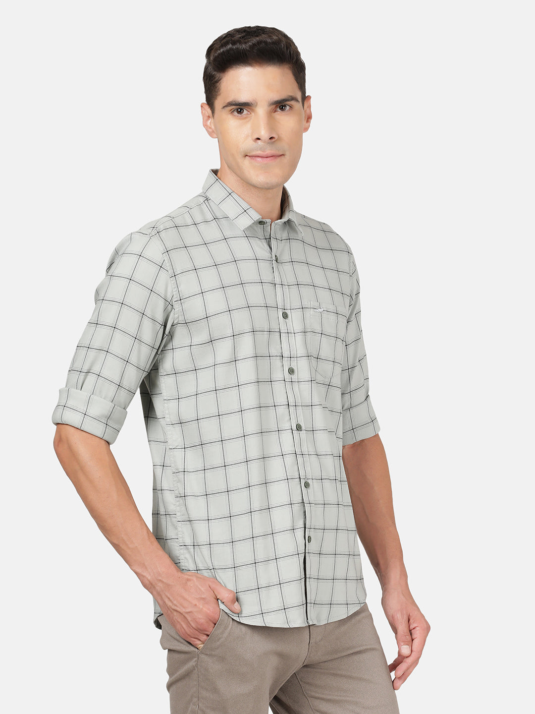 Crocodile Casual Full Sleeve Slim Fit Checks Light Grey with Collar Shirt for Men