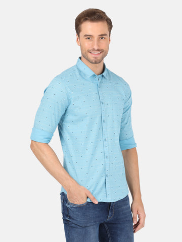 Casual Full Sleeve Slim Fit Printed Sky Blue with Collar Shirt for Men