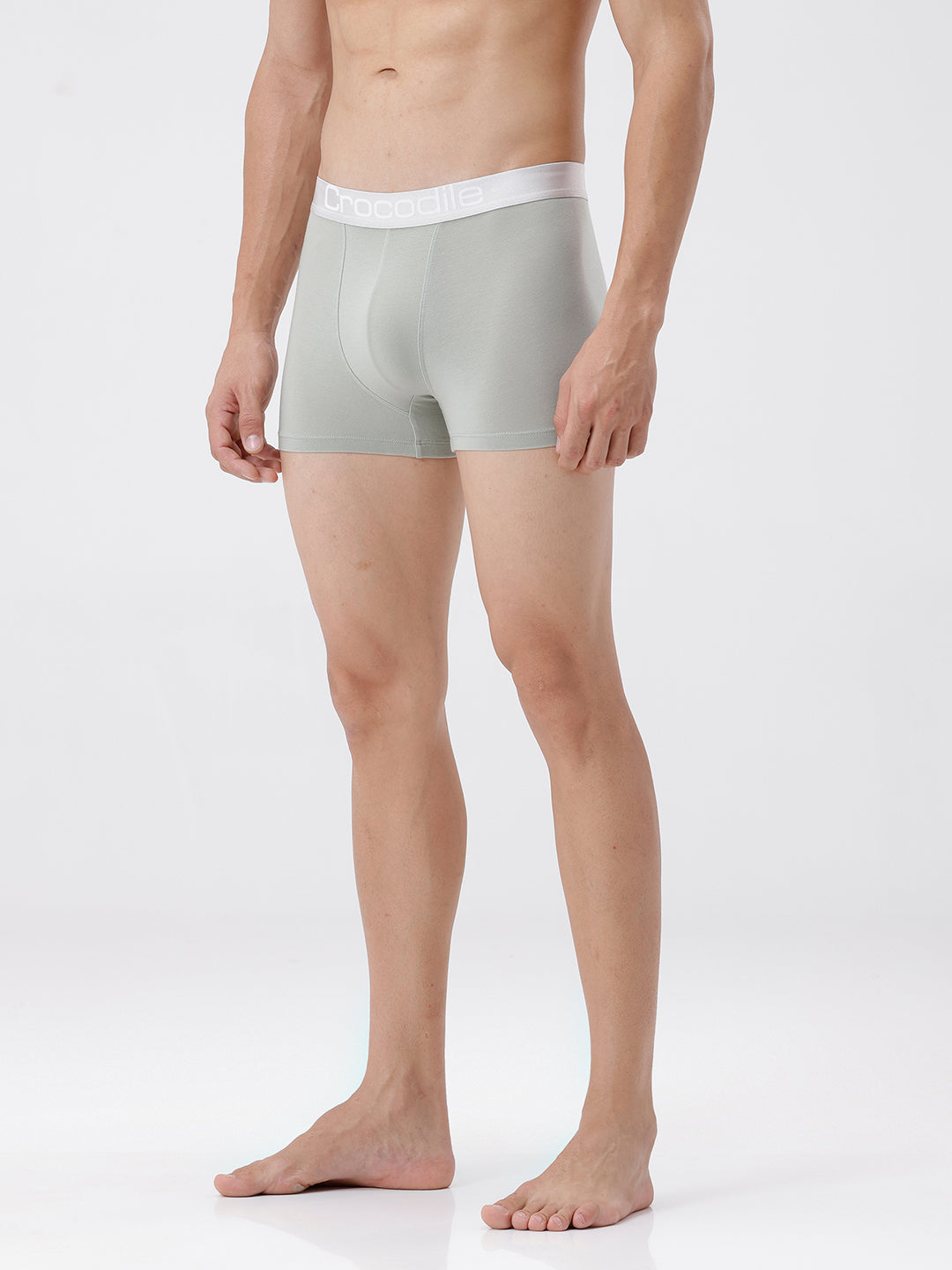 Person wearing light gray boxer briefs on a white background