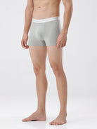 Person wearing light gray boxer briefs on a white background
