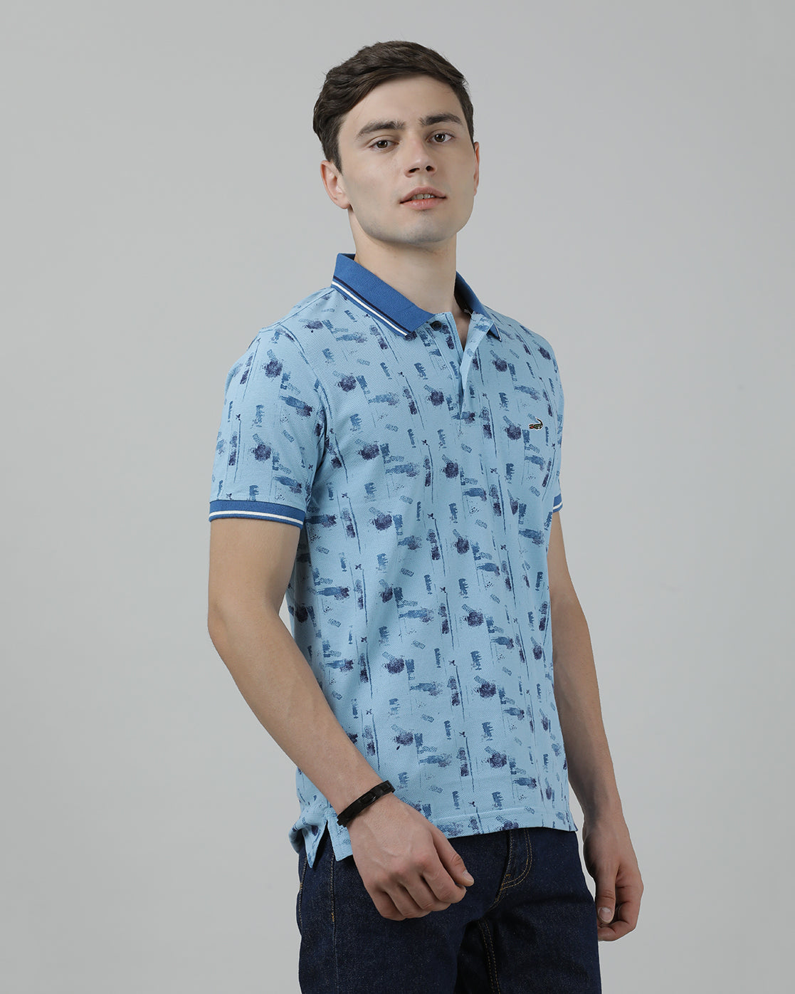 Casual Light Blue T-Shirt Polo Printed Half Sleeve Slim Fit with Collar for Men