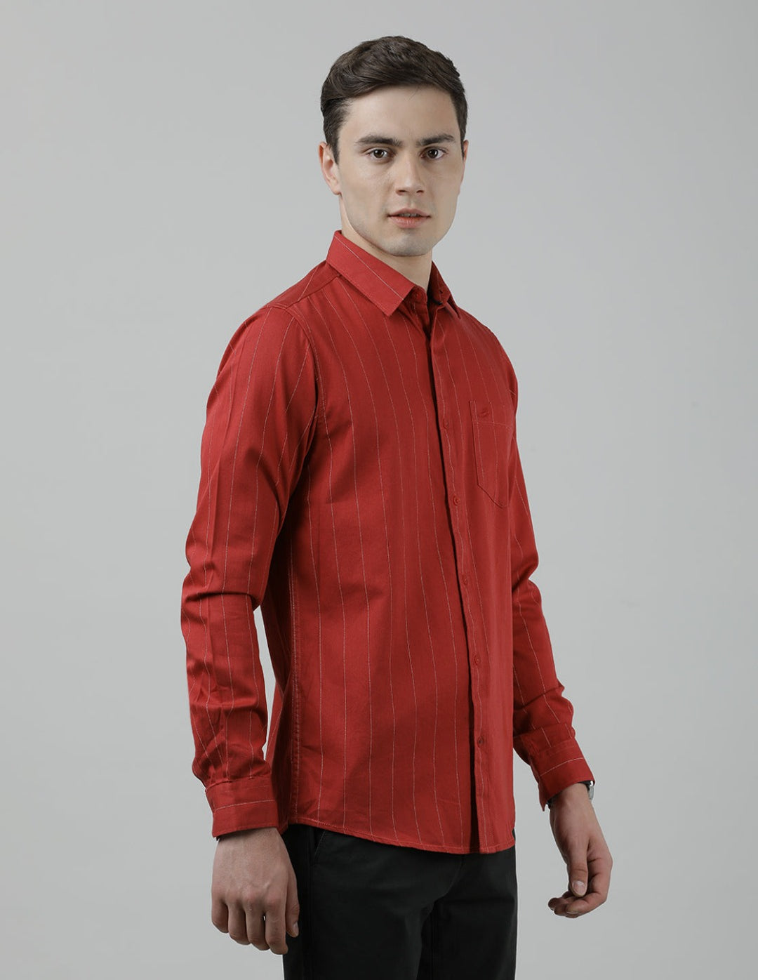 Casual Red Full Sleeve Slim Fit Stripe Shirt with Collar for Men