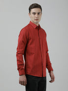 Casual Red Full Sleeve Slim Fit Stripe Shirt with Collar for Men