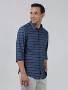 Casual Navy Full Sleeve Regular Fit Stripe Shirt with Collar for Men