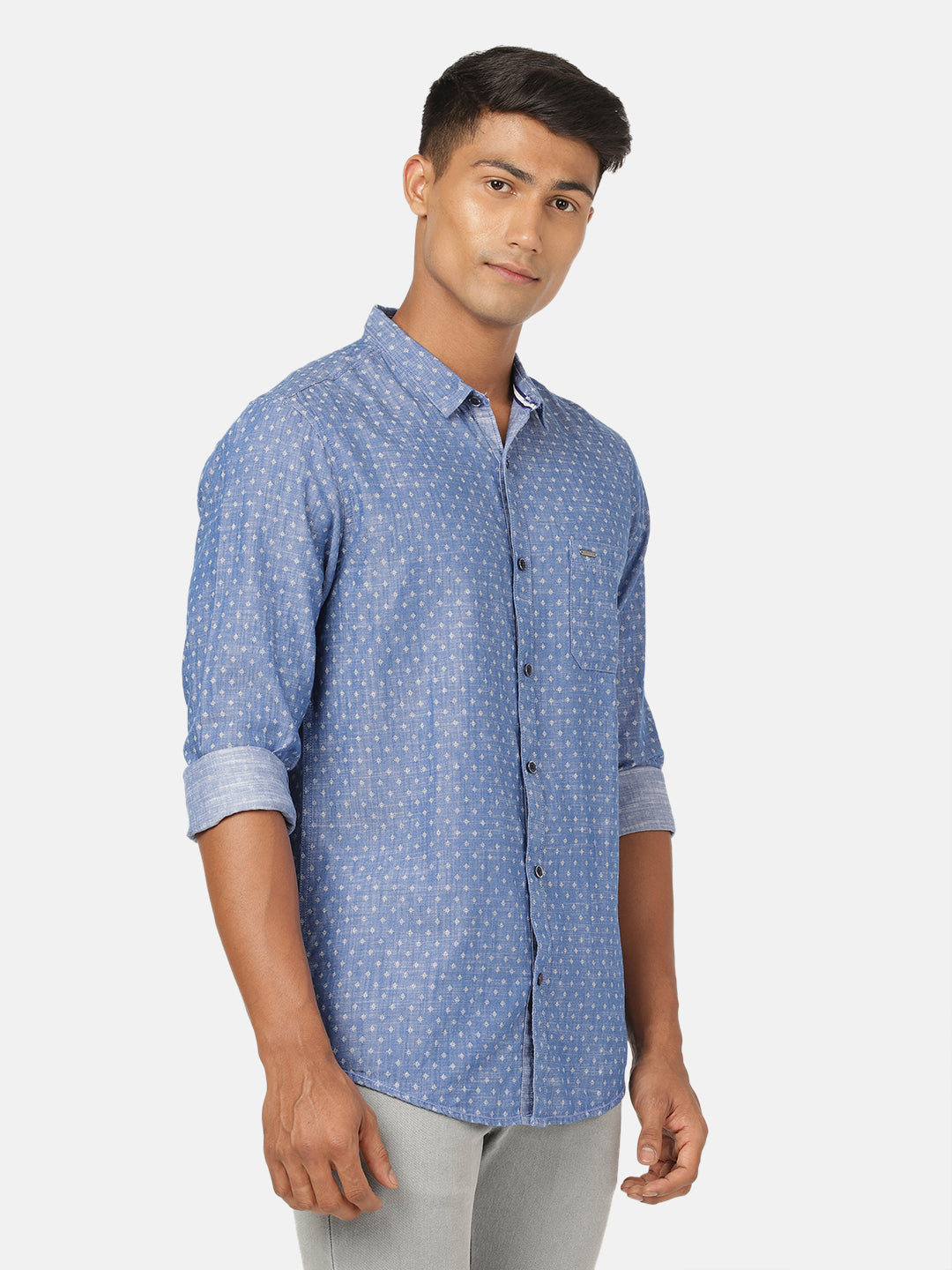 Casual Full Sleeve Slim Fit Printed Blue with Collar Shirt for Men