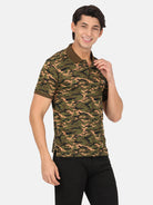 Crocodile Casual Slim Fit Camo Print Polo Neck Half Sleeve Olive Tshirt