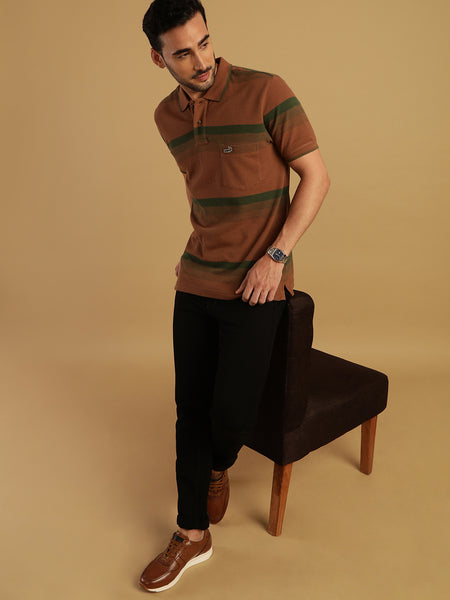 Yarn-Dyed Auto Stripe Polo Bombay Brown T-Shirt