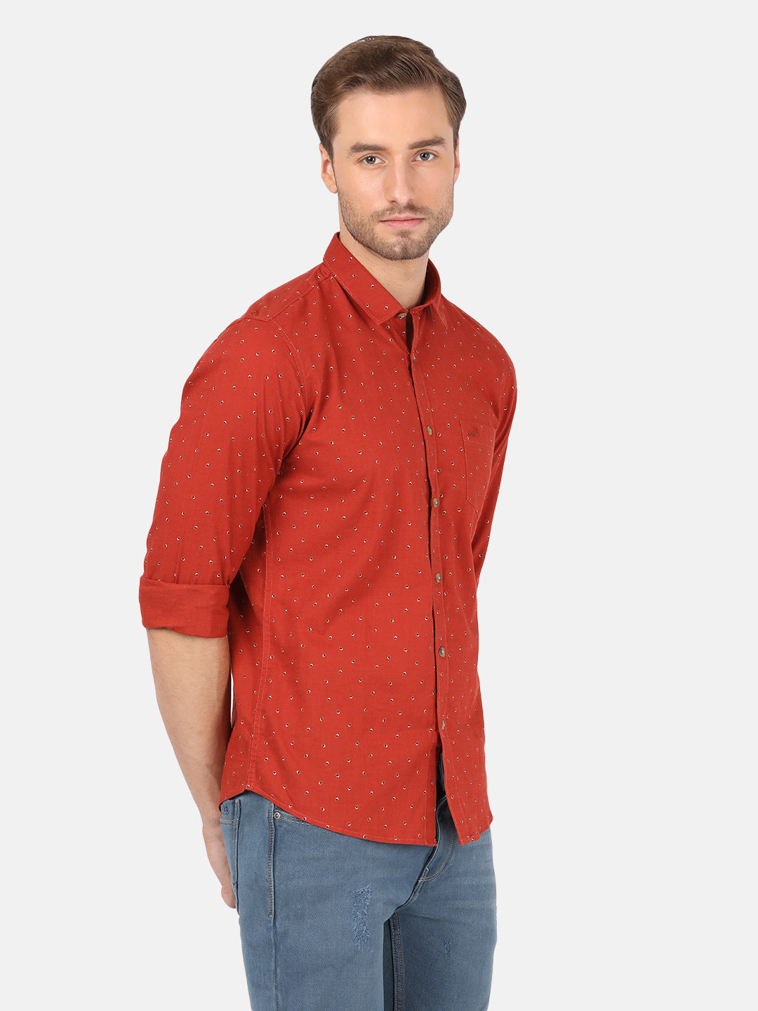 Crocodile Casual Full Sleeve Slim Fit Printed Brick Red with Collar Shirt for Men