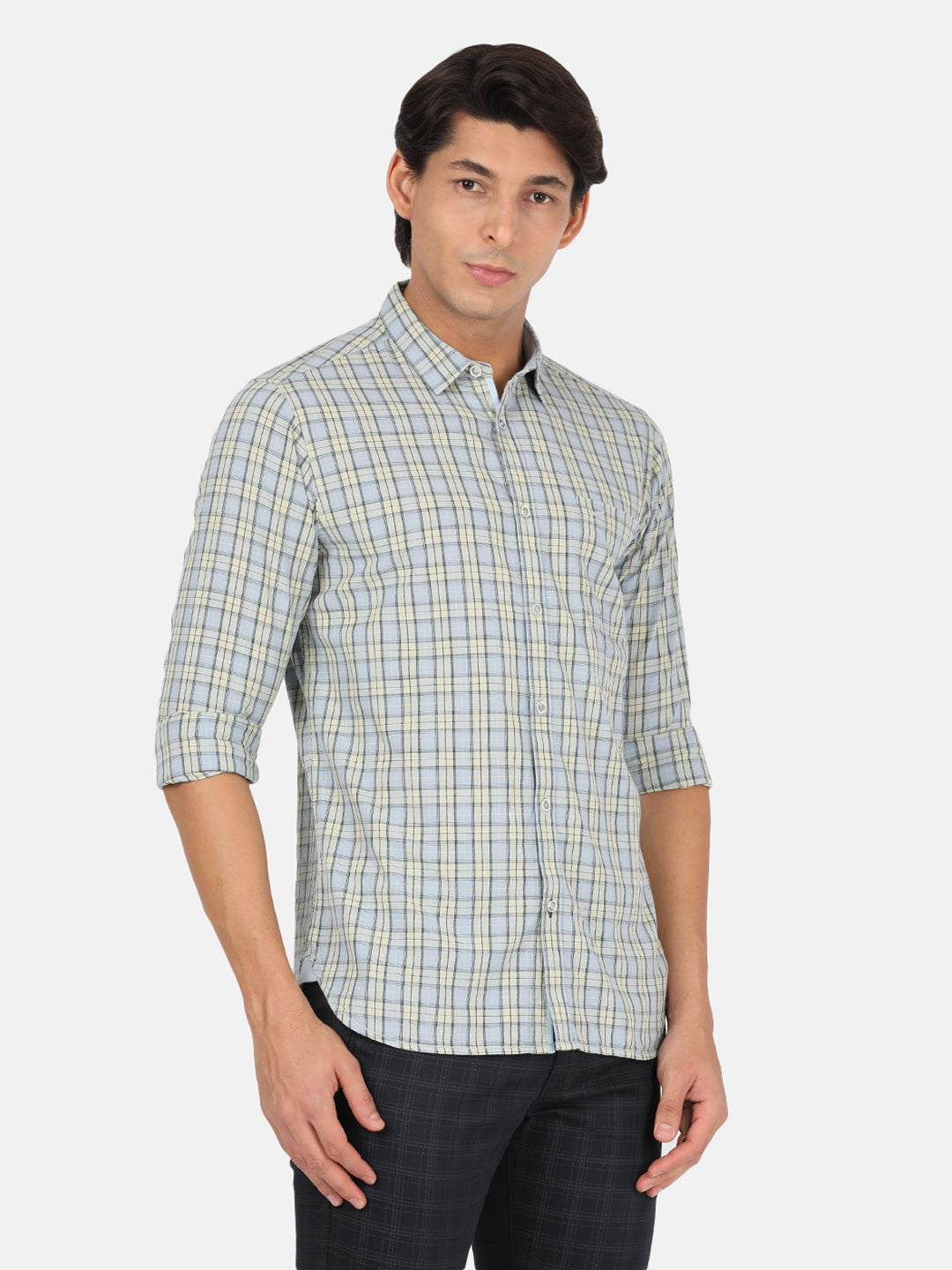 Casual Full Sleeve Comfort Fit Checks Light Blue with Collar Shirt for Men