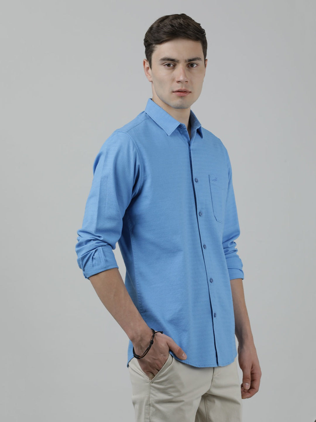 Casual Light Blue Full Sleeve Comfort Fit Solid Shirt with Collar for Men