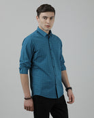 Casual Full Sleeve Slim Fit Checked Shirt Teal for Men