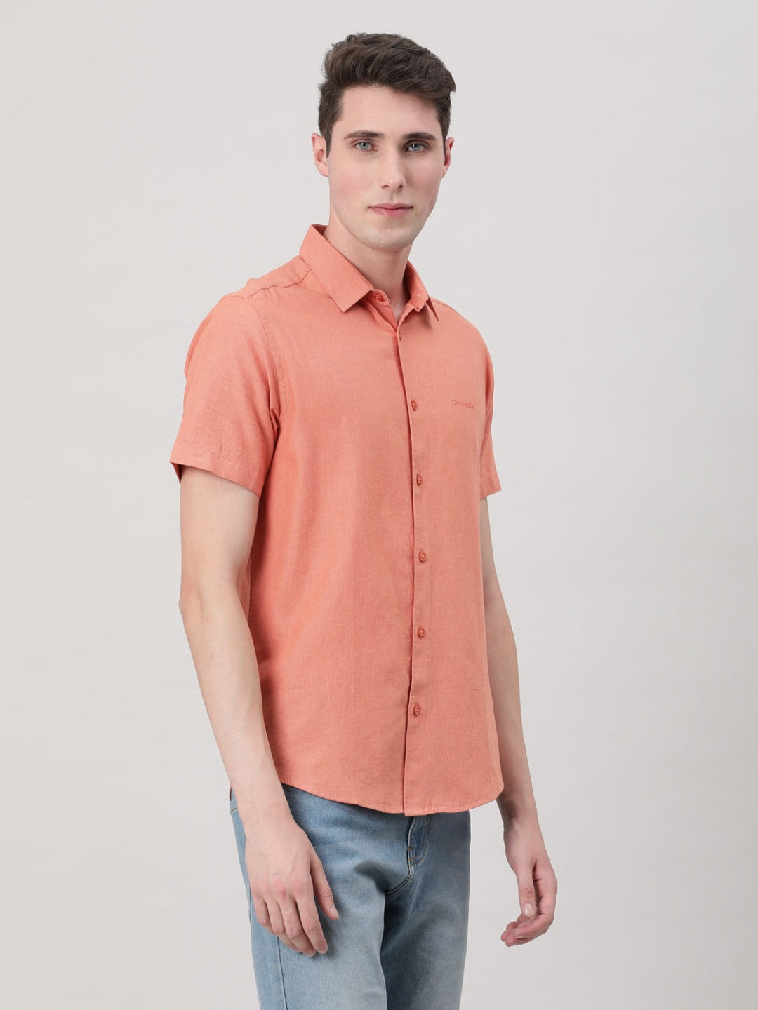 Casual Peach Half Sleeve Comfort Fit Solid Shirt with Collar for Men