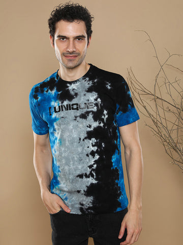 Tie Dye Asymetric T-Shirt With Chest Print In Royal Blue