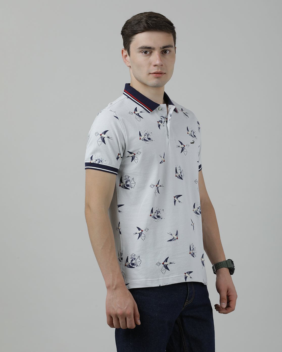 Casual Light Grey T-Shirt Polo Printed Half Sleeve Slim Fit with Collar for Men
