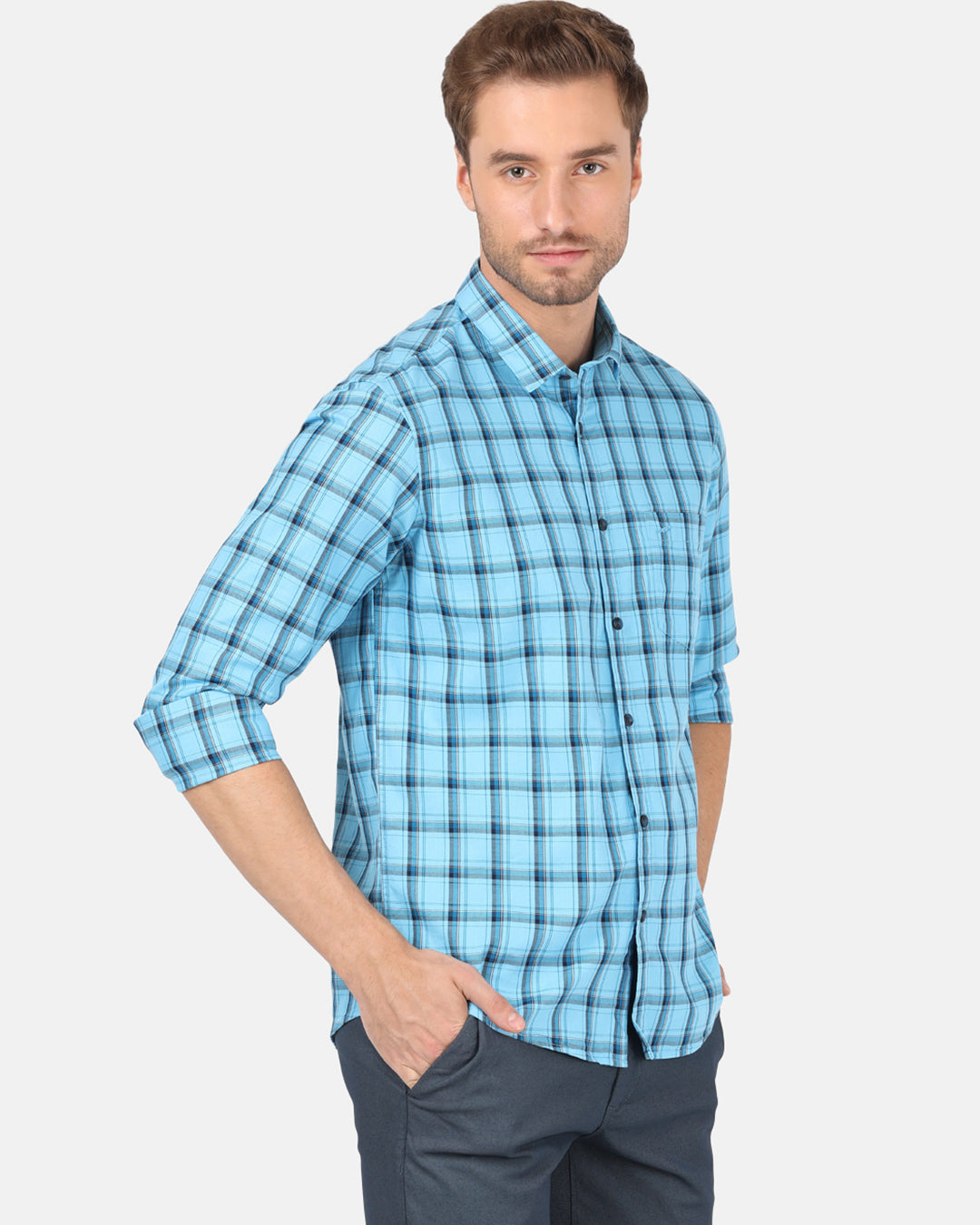 Crocodile Men's Casual Full Sleeve Comfort Fit Checks Blue With Collar Shirt Online