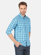 Crocodile Men's Casual Full Sleeve Comfort Fit Checks Blue With Collar Shirt Online