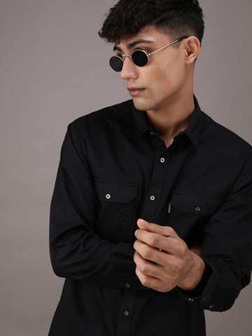 Garment Dyed Double Pocket Black Shirt