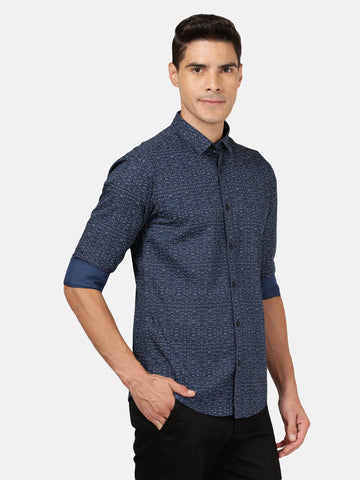 Casual Full Sleeve Slim Fit Printed Dark Blue with Collar Shirt for Men