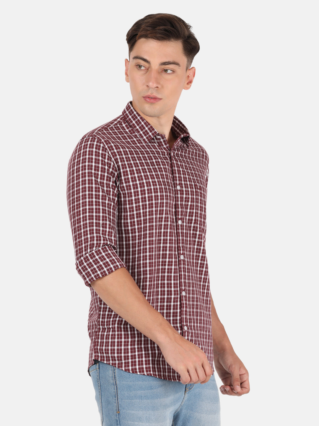 Crocodile Casual Full Sleeve Slim Fit Checks Maroon with Collar Shirt for Men