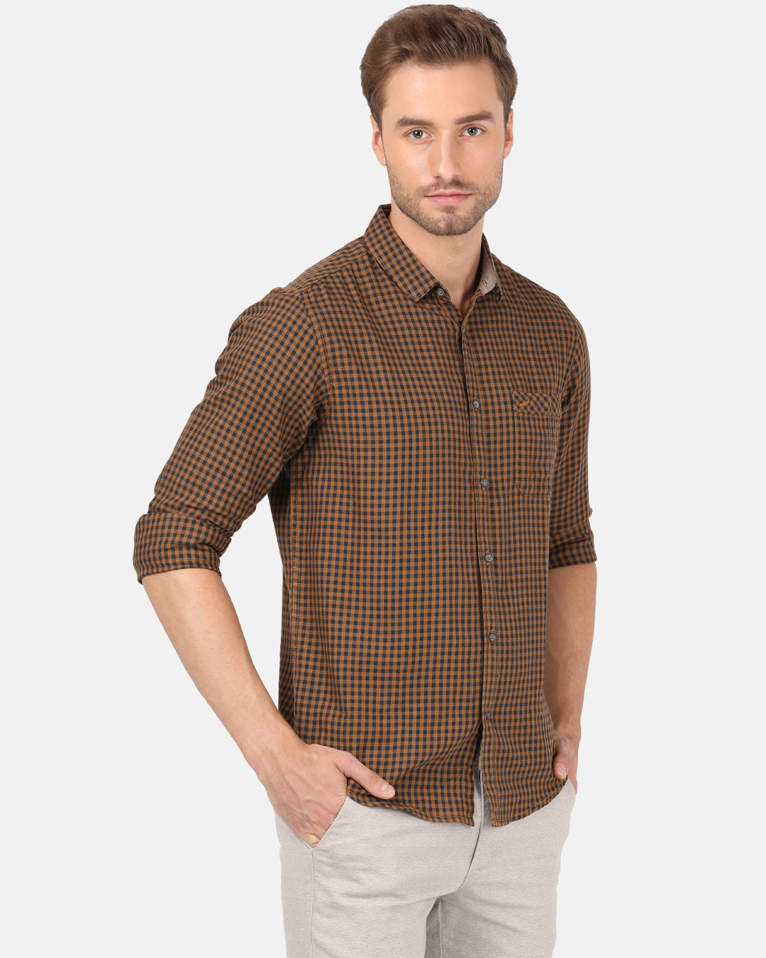 Crocodile Men's Casual Full Sleeve Comfort Fit Checks Dark Brown with Collar Shirt